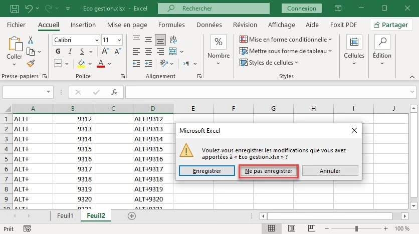 Ne pas enregistrer Fichier Excel