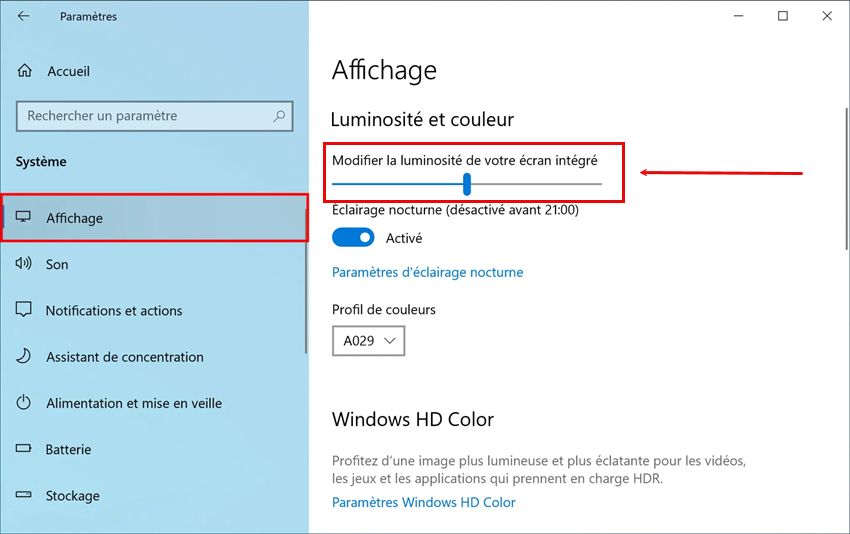 Modifier la luminosité de l'écran intégré Windows 10