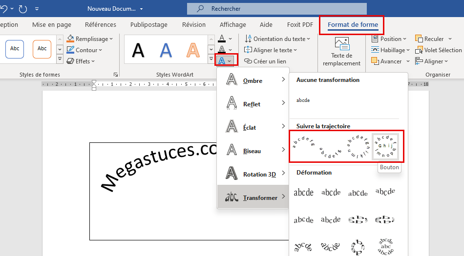 rendre le texte dans Word courbé