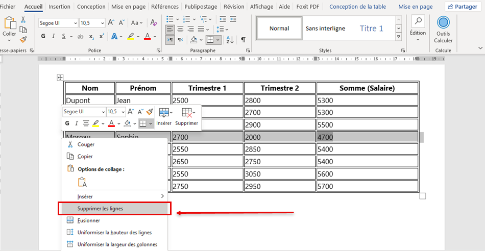 Supprimer les lignes tableau Word