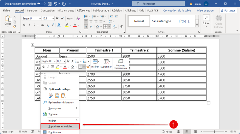 Supprimer les cellules tableau Word