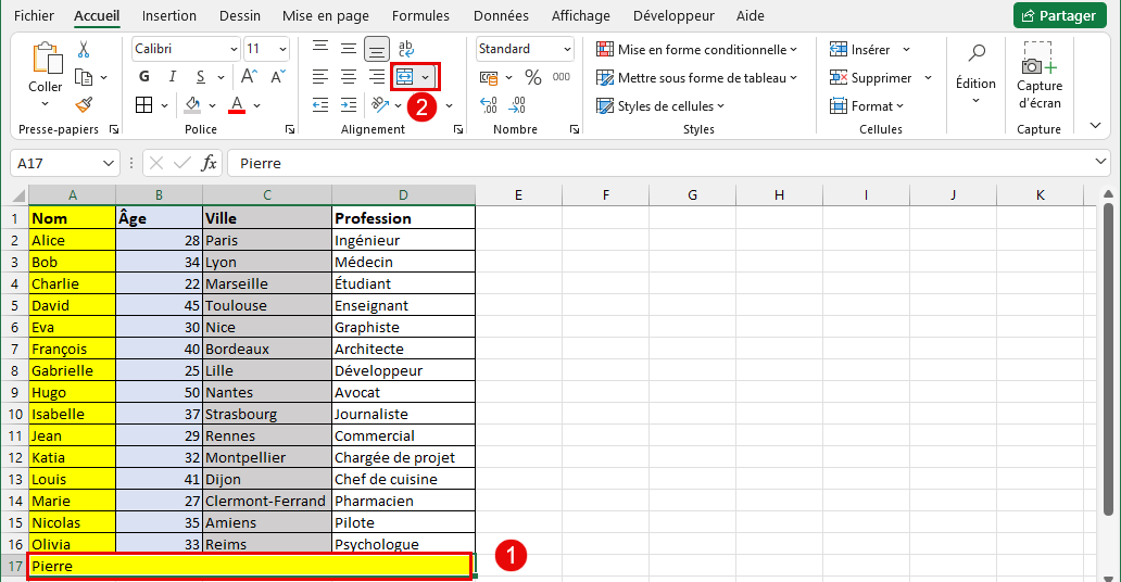 Fusionner les cellules Excel