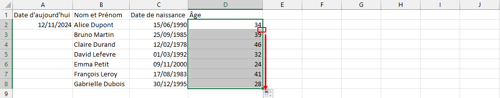 calcule age colonne Excel