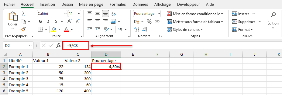 déterminer le pourcentage d'un nombre en utilisant des cellules