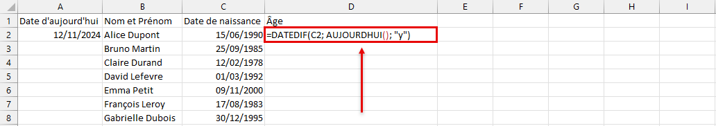 formule pour calculer l'âge dans Microsoft Excel