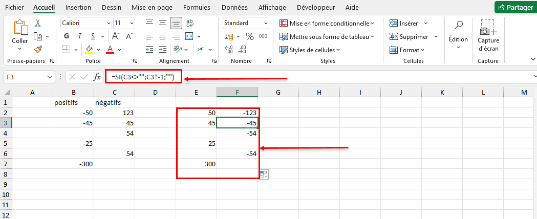 changer les nombres positifs en nombres négatifs dans Microsoft Excel