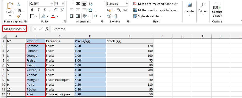 liste nommé Excel