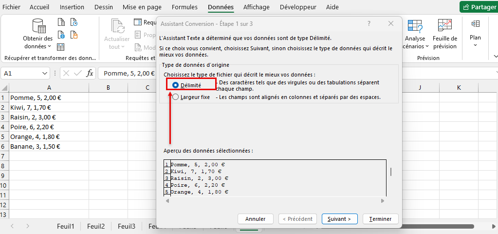 Délimité données Excel