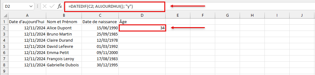 calcul de l'âge en années dans Excel