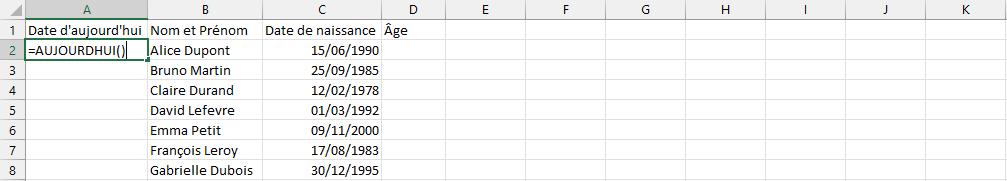 fonction =AUJOURDHUI() Excel