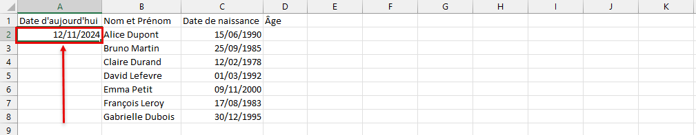 Date AUJOURD’HUI Excel 