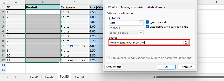 Créer liste déroulante Excel