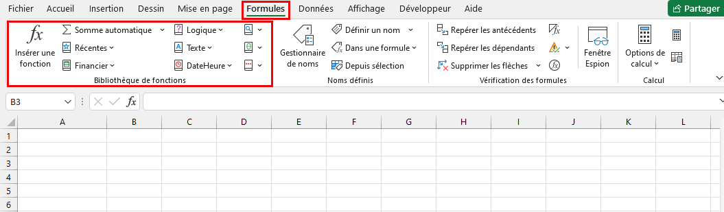 onglet dédié aux formules Excel