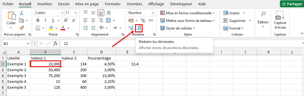 réduire décimale Excel