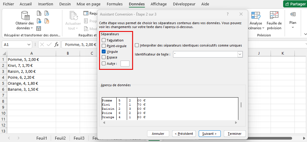 séparateur pour convertir texte en colonne 