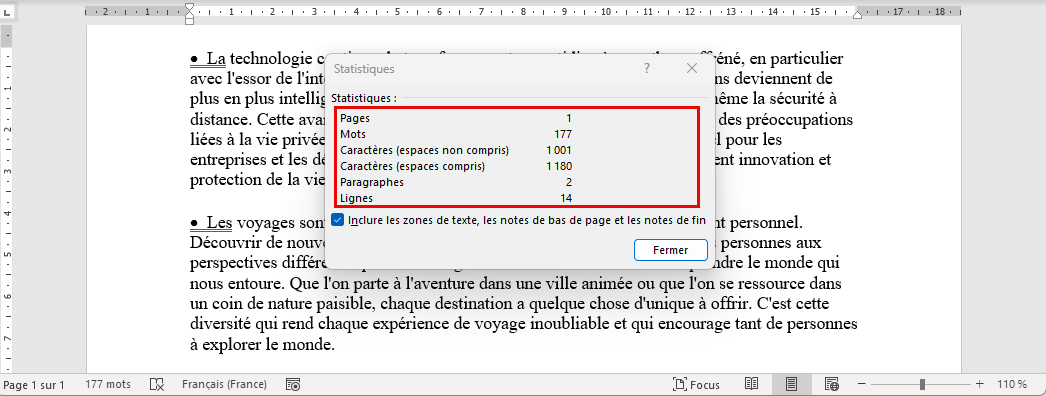 nombre de pages, de mots, de caractères, de paragraphes et de lignes