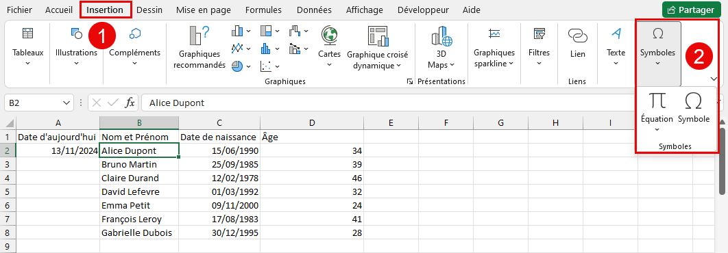 symbole Excel