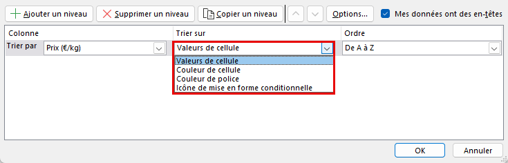 option de tri dans Excel