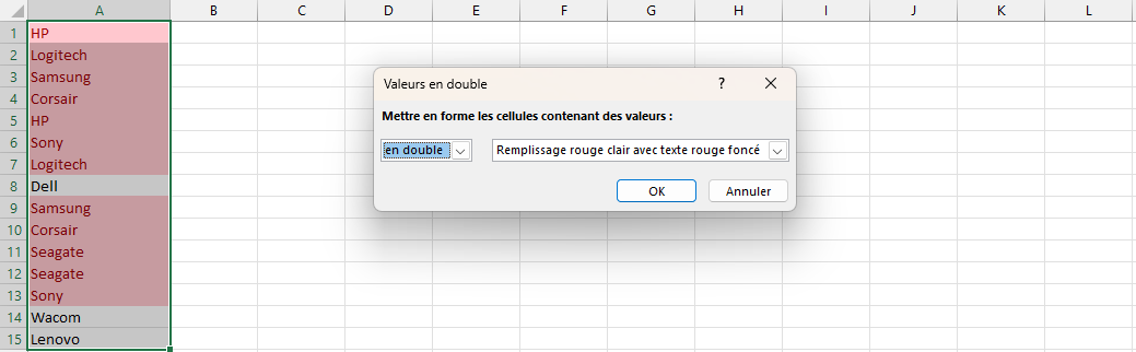 changer la couleur de valeurs en doubles Excel