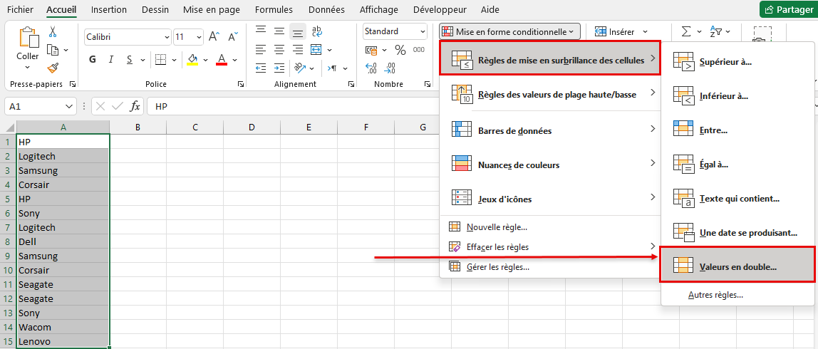 Valeurs en double Excel