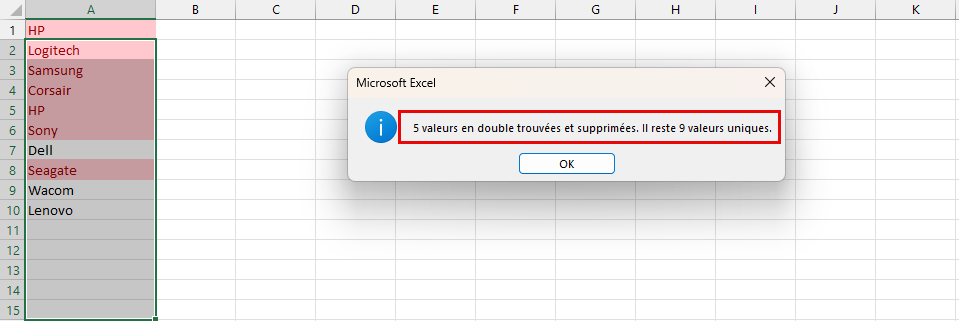 valeurs en double trouvées et supprimées
