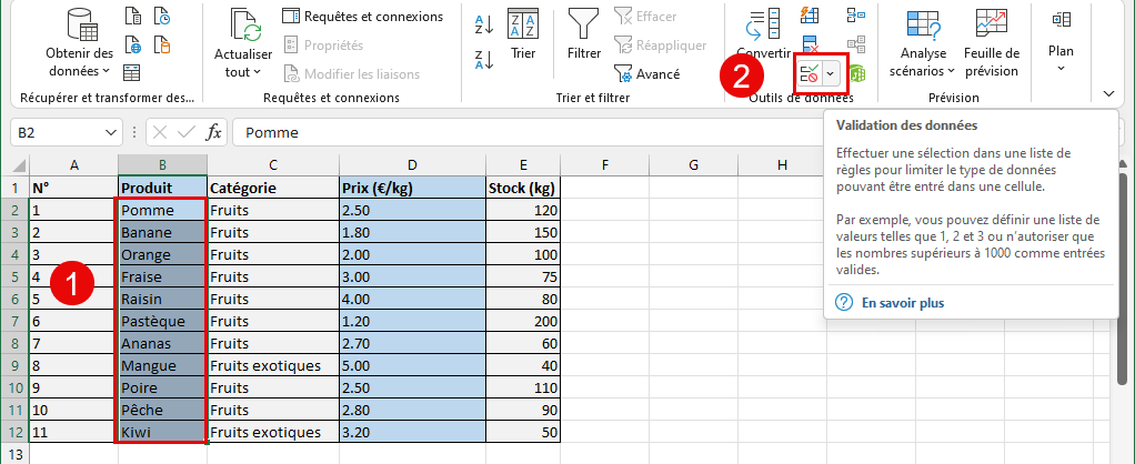 Validation des données Excel