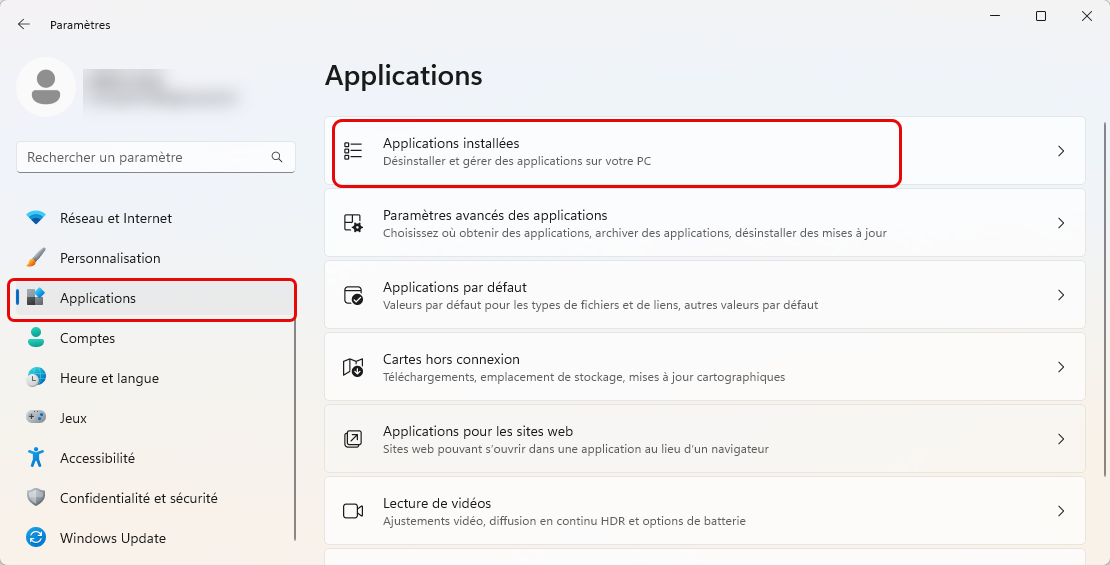 Applications installées Windows 11