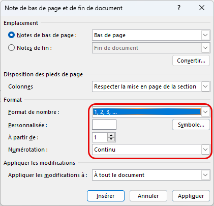 numérotation bas de pages