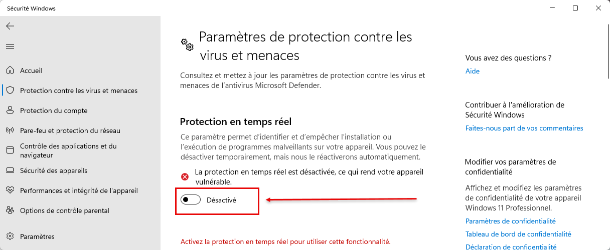 Désactivez la protection en temps réel Windows 11