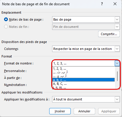 Modifier types de numérotation note de bas de pages