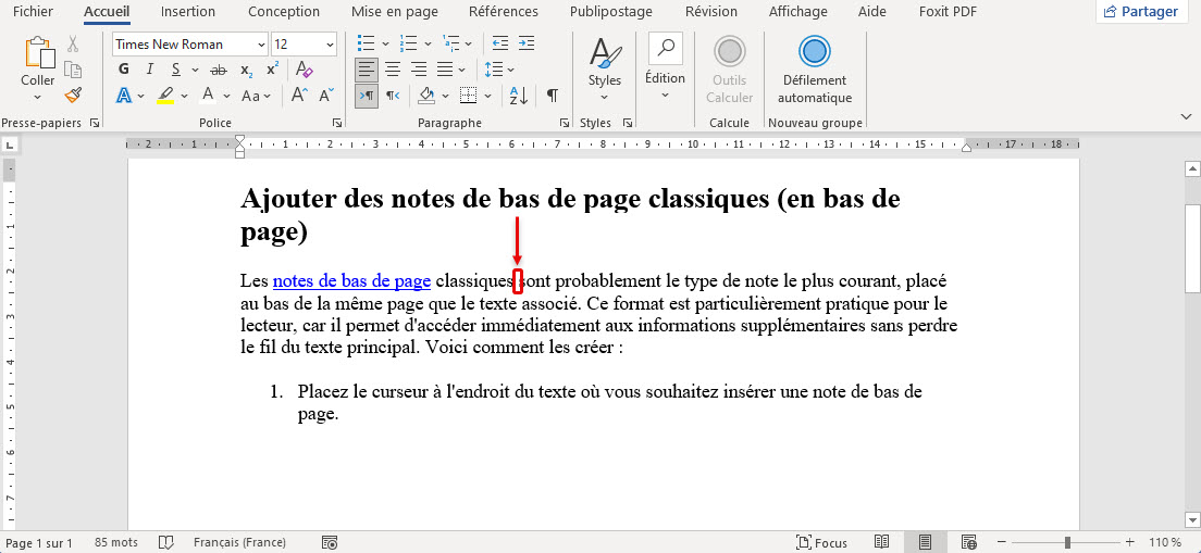 insérer une note de bas de page