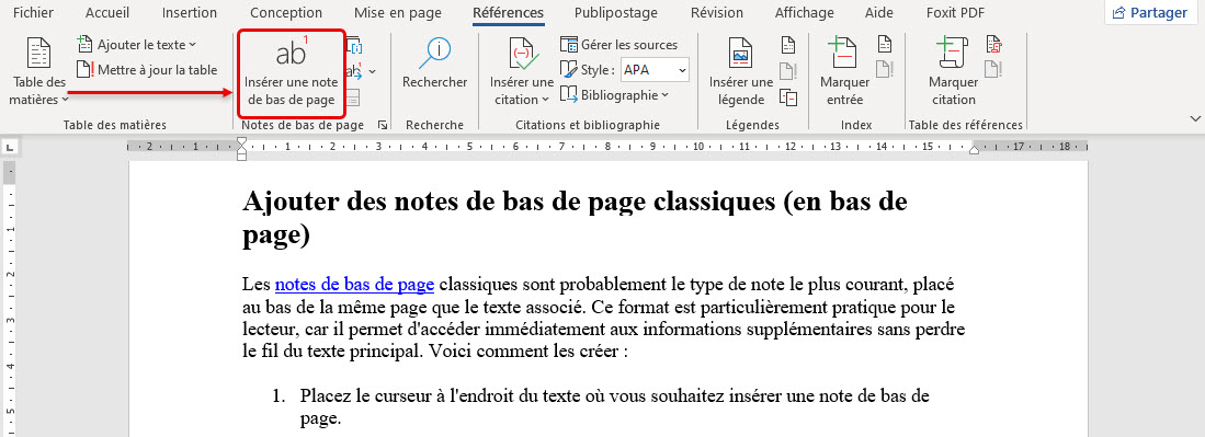 Insérer une note de bas de page