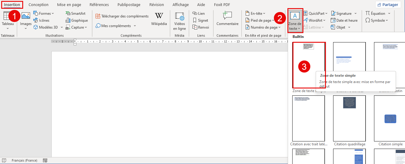 insérer zone de texte Word