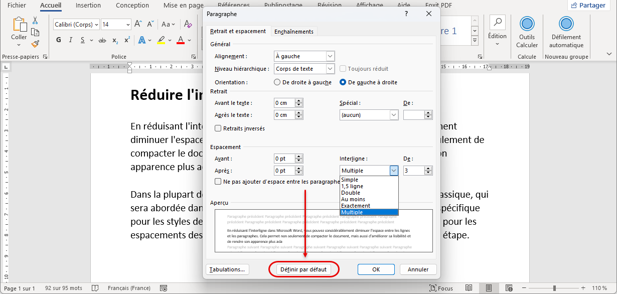 interligne par défaut Word