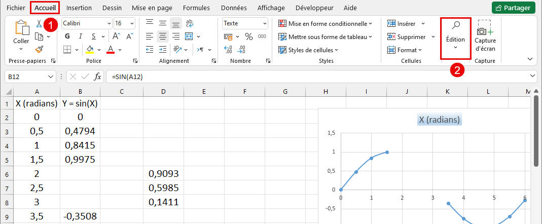 Menu édition excel