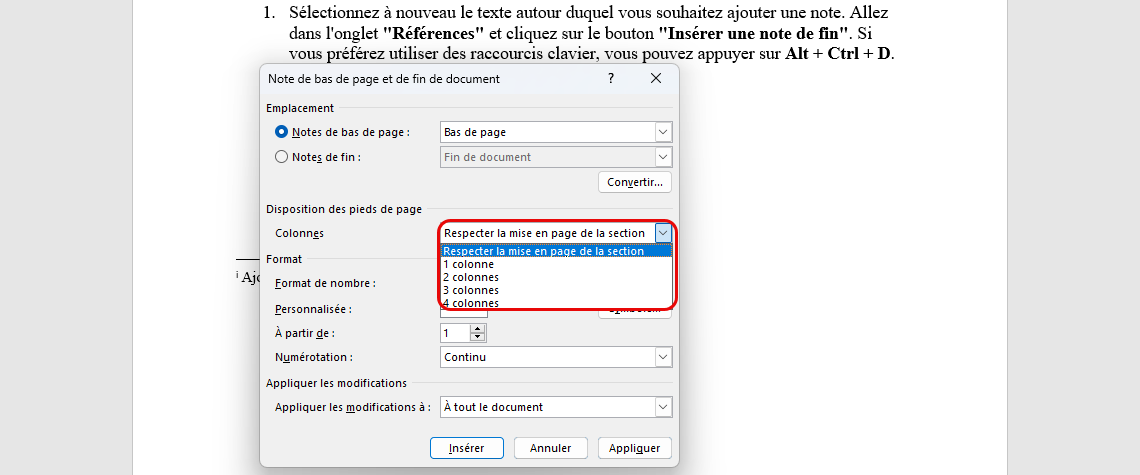 notes de bas de page en colonnes
