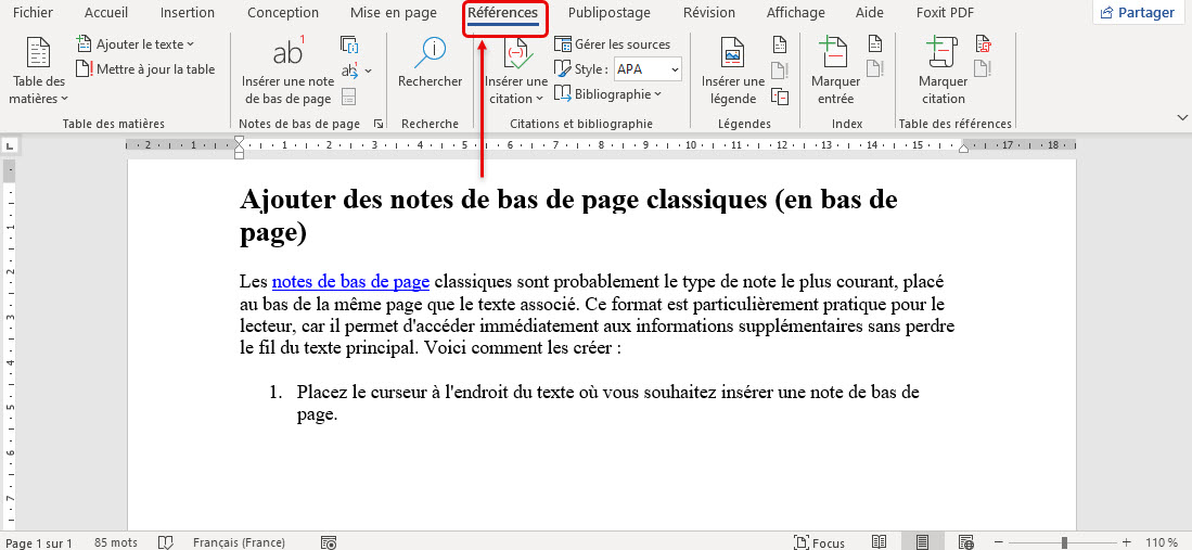 onglet Références Word