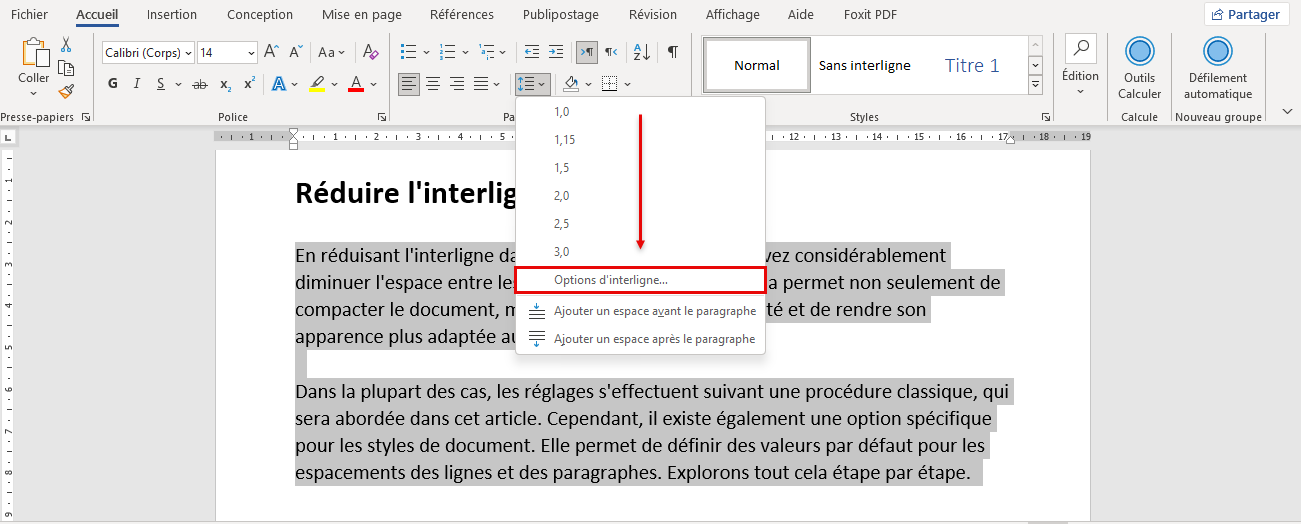 Options d'interligne