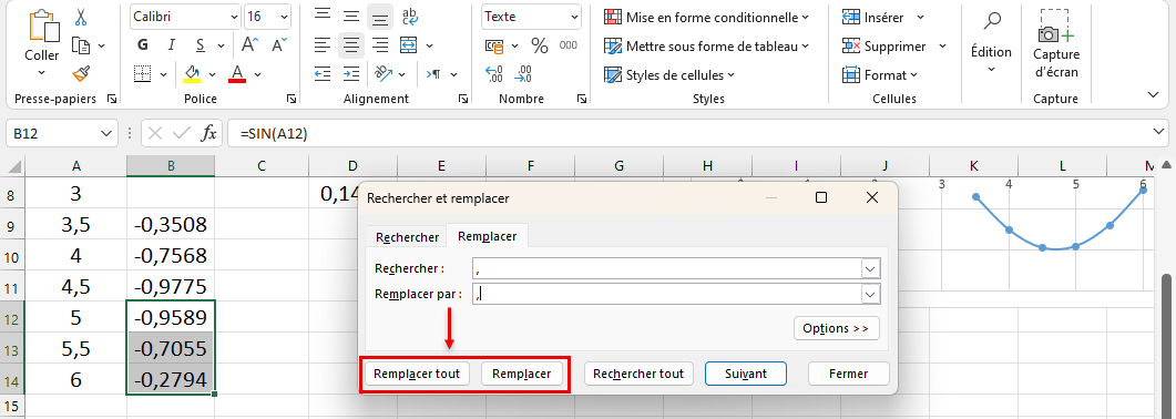 Remplacer tout ou Remplacer les virgule par point dans Excel