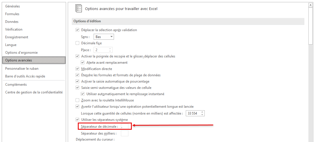 Séparateur décimale Excel