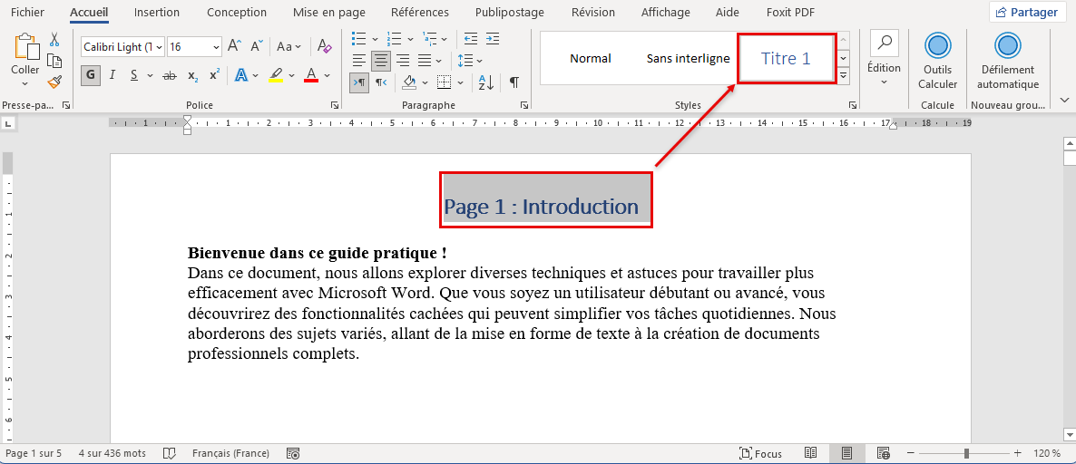 titre de page Word