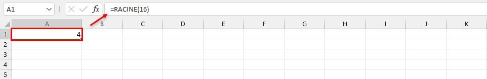 résultat calcule racine de 16 dans Excel