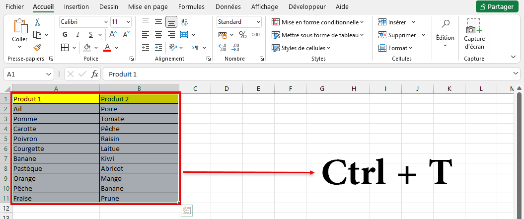 Ctrl + t Excel