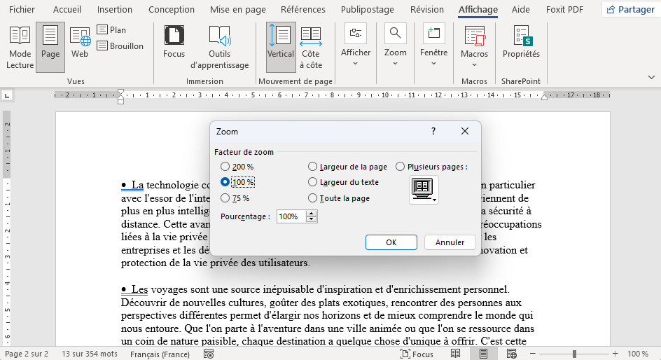 paramètres de zoom avancés Word