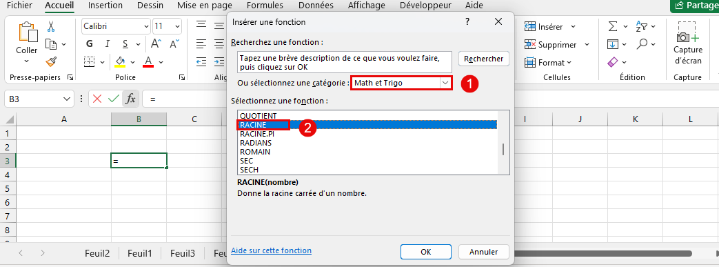 insérer fonction RACINE excel