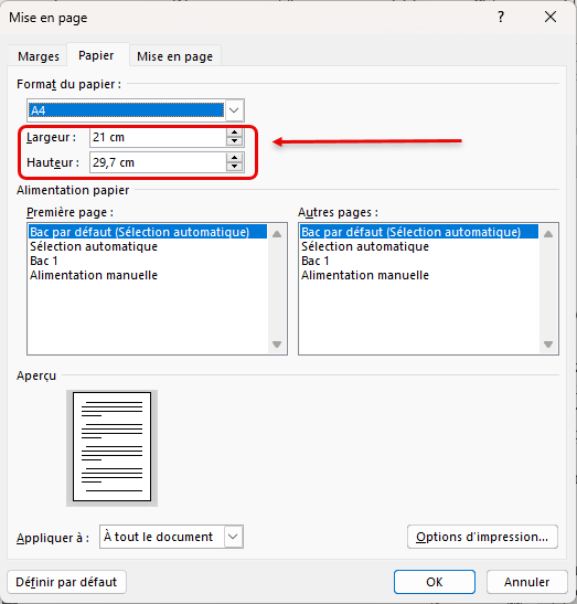 Largeur et Hauteur document Word