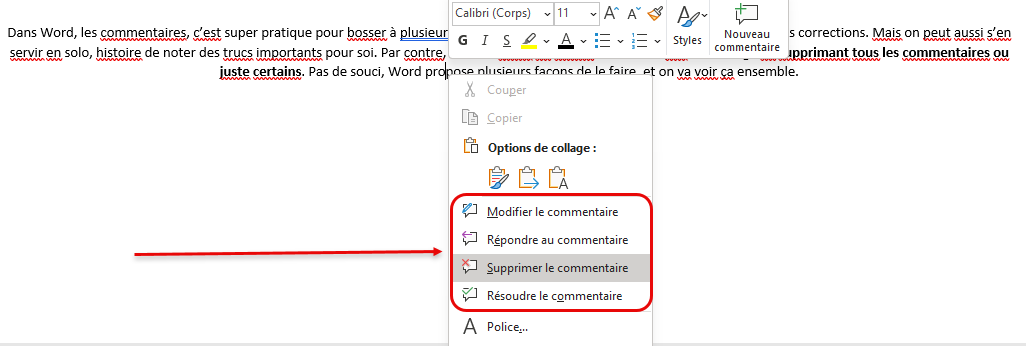 Utilisation du menu contextuel pour afficher ou supprimer commentaire Word