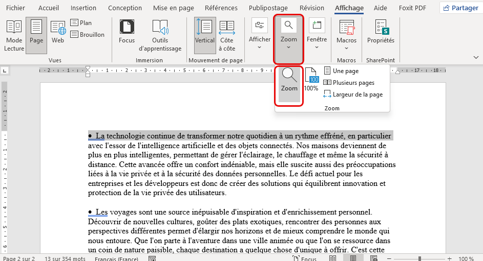 paramètres de zoom avancés Word