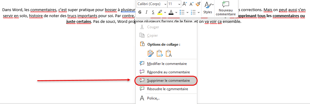 Supprimer le commentaire dans MS Word