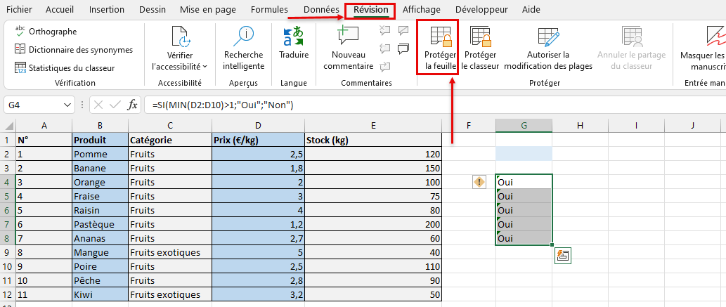 Protéger la feuille Excel